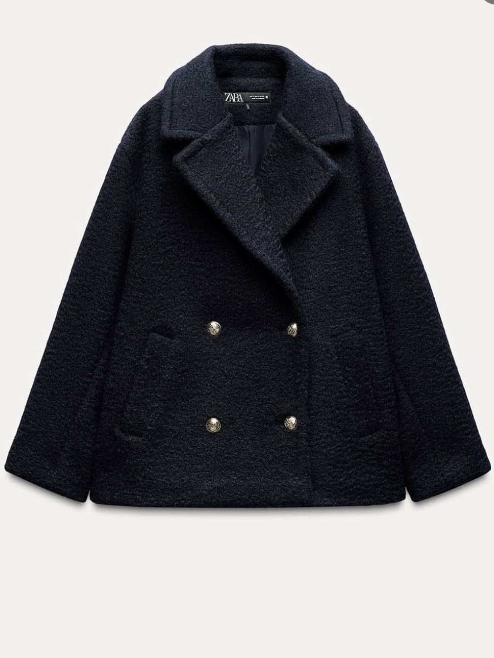 Zara Navy Double-Breasted Bouclé Pea Coat